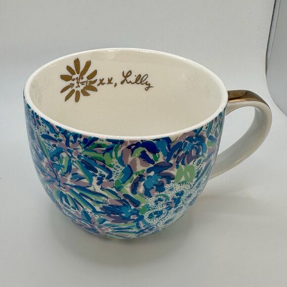 Lilly Pulitzer Other - Lilly Pulitzer Coffee Mug Floral Gold Handle Ceramic Blue Purple  Tea Cup Signed